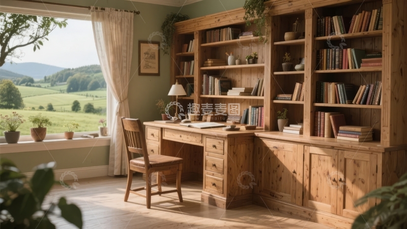 高清大图下载【趣麦麦图】乡村风格书房内景窗外绿意盎然