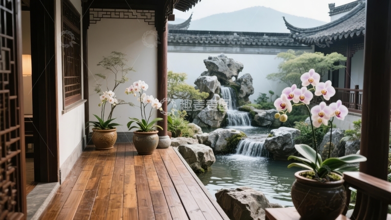 高清大图下载【趣麦麦图】中式庭院木质走廊旁的假山流水与花卉景观