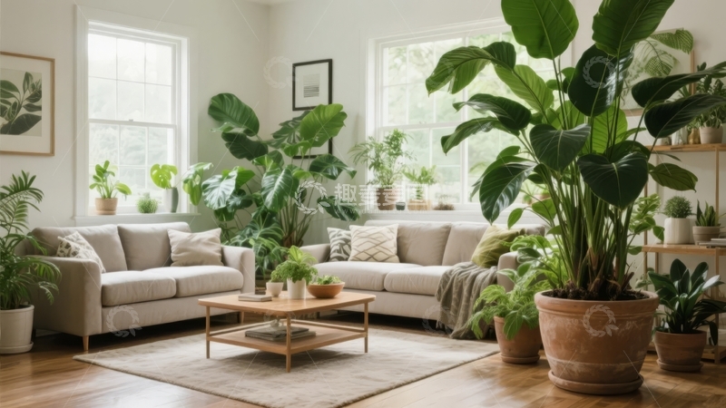 高清大图下载【趣麦麦图】现代客厅摆放多盆绿植营造自然舒适氛围