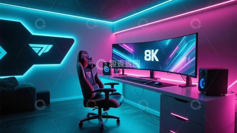 高清大图下载【趣麦麦图】科技感电竞房内一人坐在电脑前