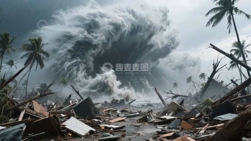 高清大图下载【趣麦麦图】巨浪摧毁海岸城市引发灾难性破坏