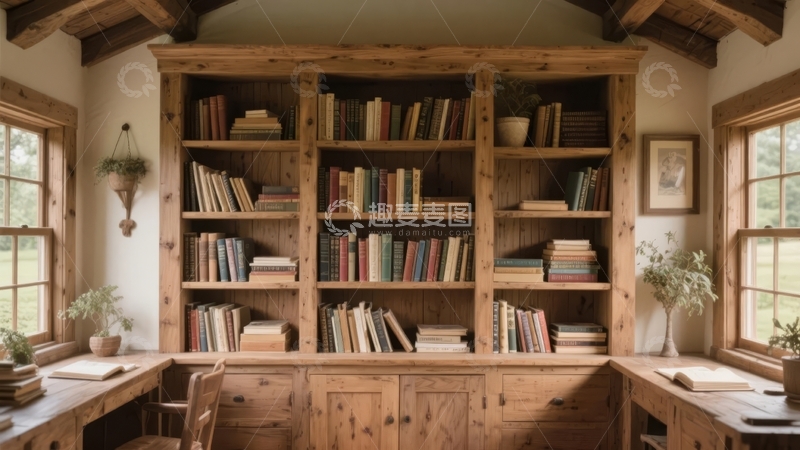 高清大图下载【趣麦麦图】木质书架与书桌构成的温馨书房角落