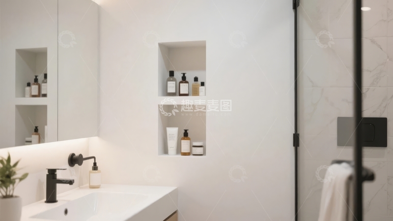 高清大图下载【趣麦麦图】现代简约风格浴室墙面嵌入式储物架及洗手台