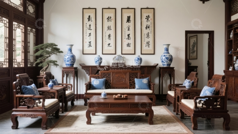 高清大图下载【趣麦麦图】中式古典风格客厅布置典雅家具与装饰品