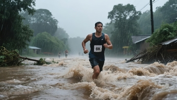 男子雨中涉水奔跑于洪流之中