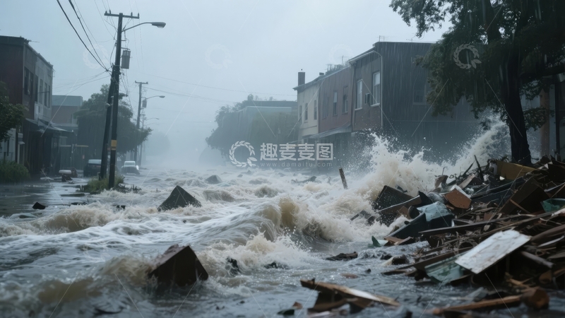 高清大图下载【趣麦麦图】洪水淹没街道摧毁建筑杂物漂浮