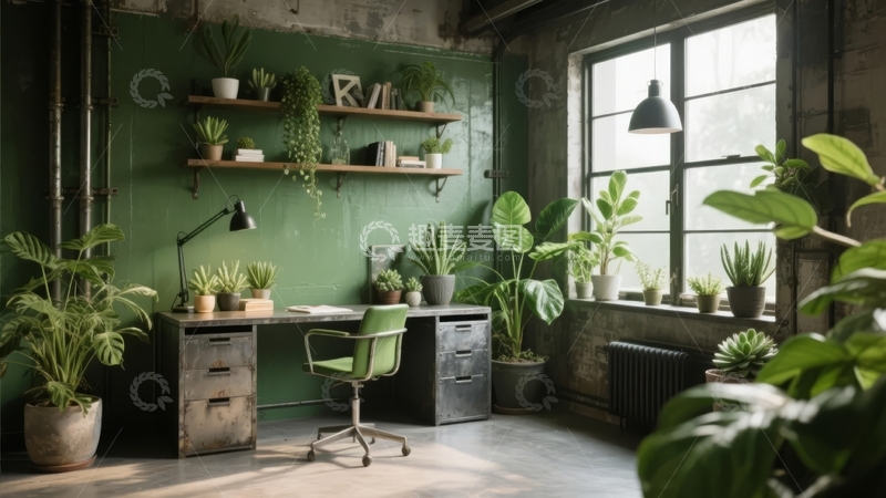 高清大图下载【趣麦麦图】绿色墙面的室内空间摆放着办公桌和多盆绿植