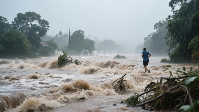 一人在暴雨引发的洪水中奔跑