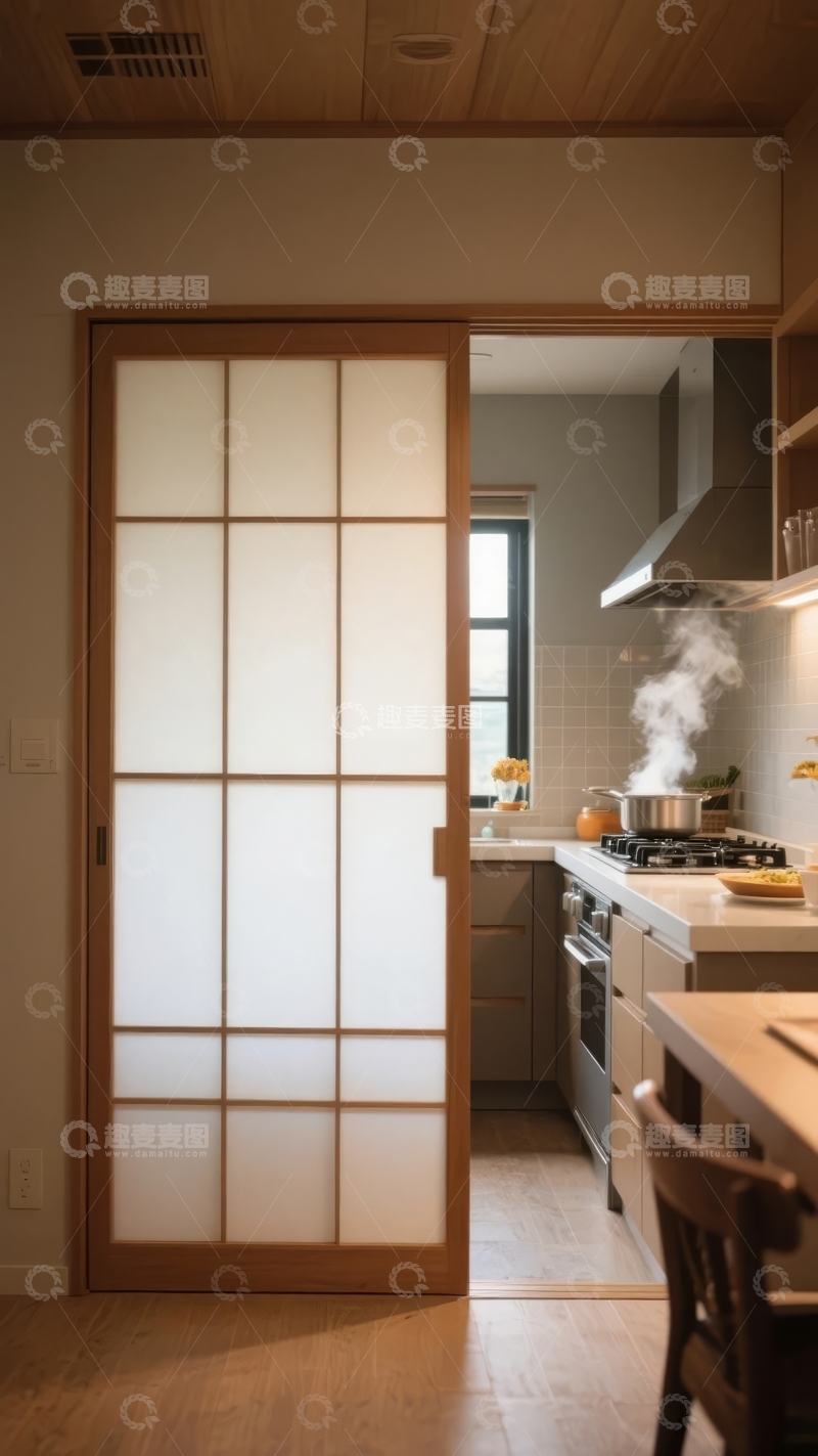 高清大图下载【趣麦麦图】日式风格厨房内蒸汽升腾的烹饪场景