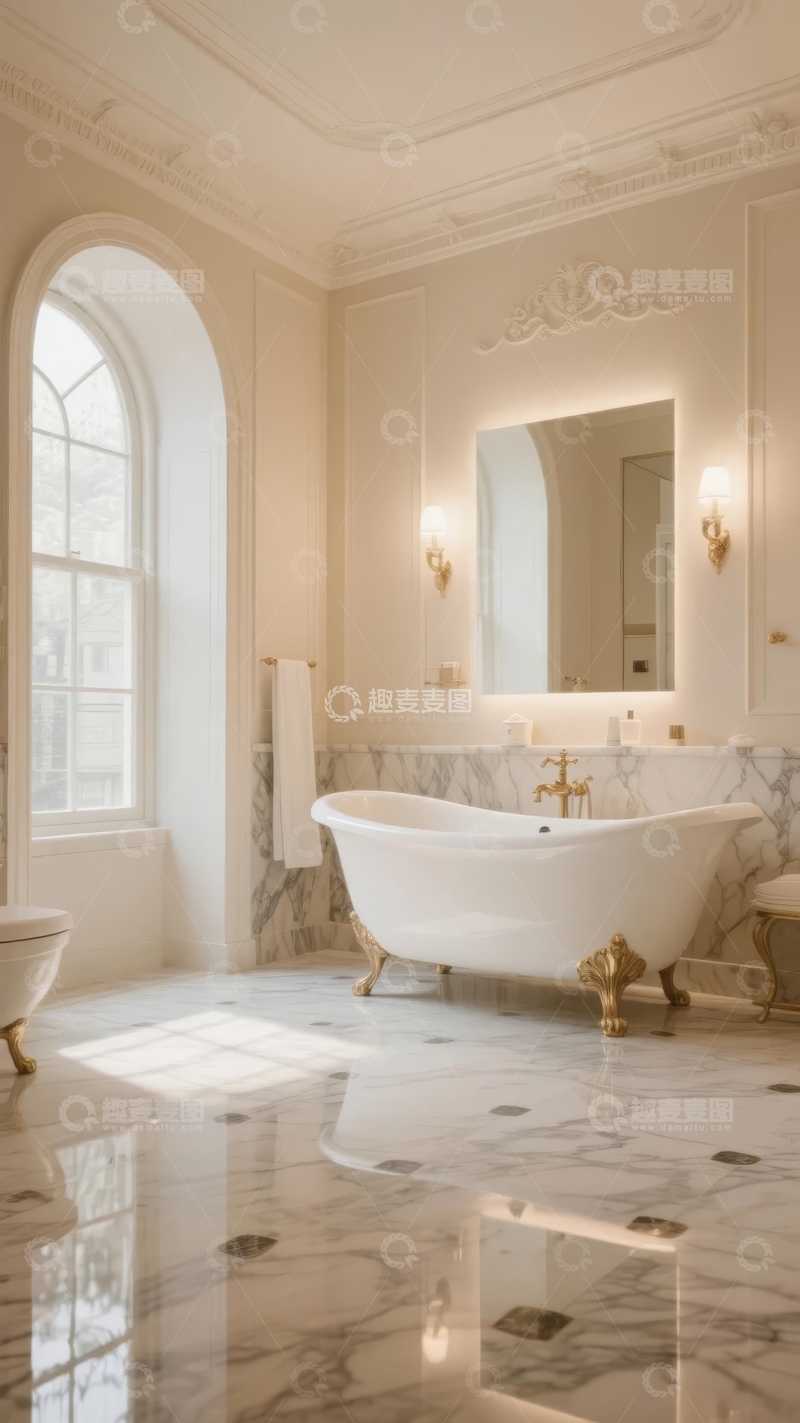 高清大图下载【趣麦麦图】豪华古典风格浴室配备大理石地板和独立浴缸