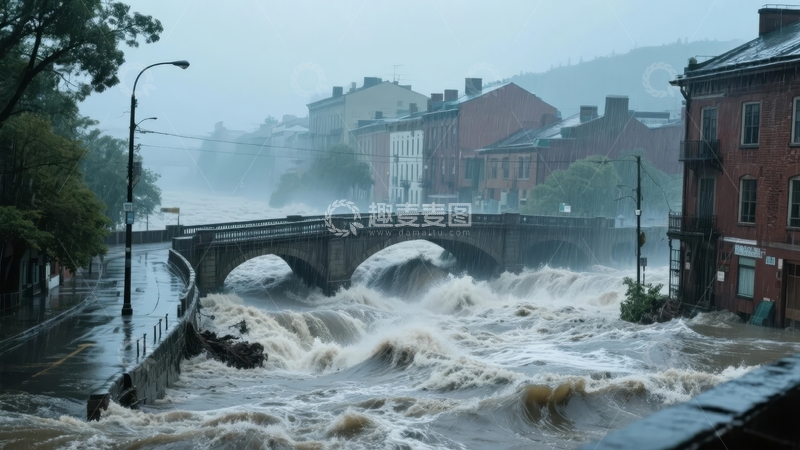 高清大图下载【趣麦麦图】城市河流洪水泛滥桥梁被淹没