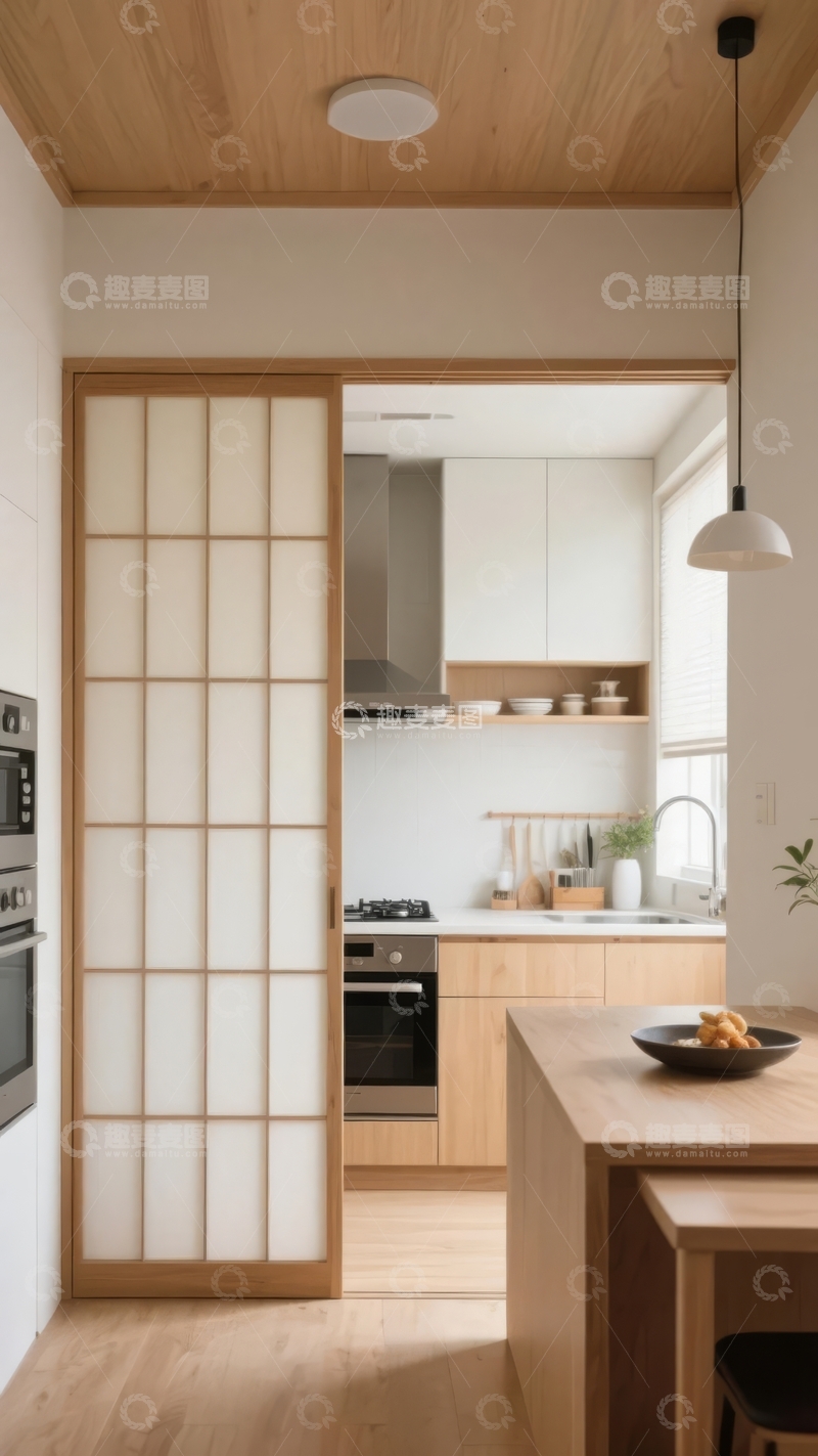 高清大图下载【趣麦麦图】现代日式风格厨房与客厅开放式设计