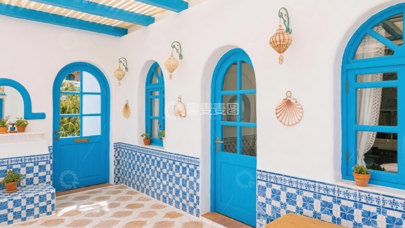 高清大图下载【趣麦麦图】蓝色门窗与瓷砖装饰的海滨风格室内空间