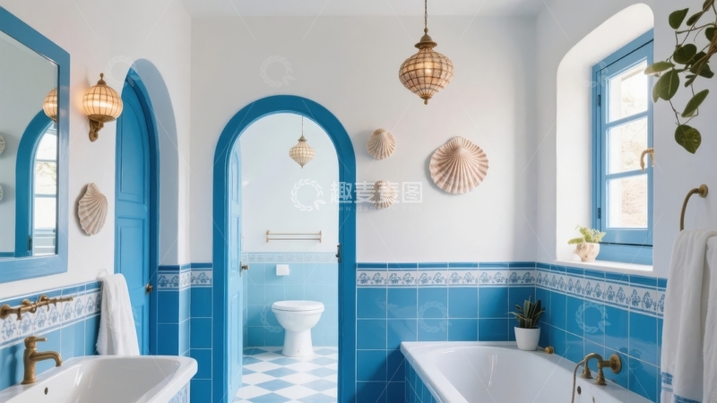 高清大图下载【趣麦麦图】蓝色瓷砖装饰的拱形门浴室设计