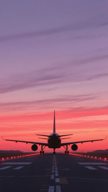 飞机在日落时分的跑道上准备起飞