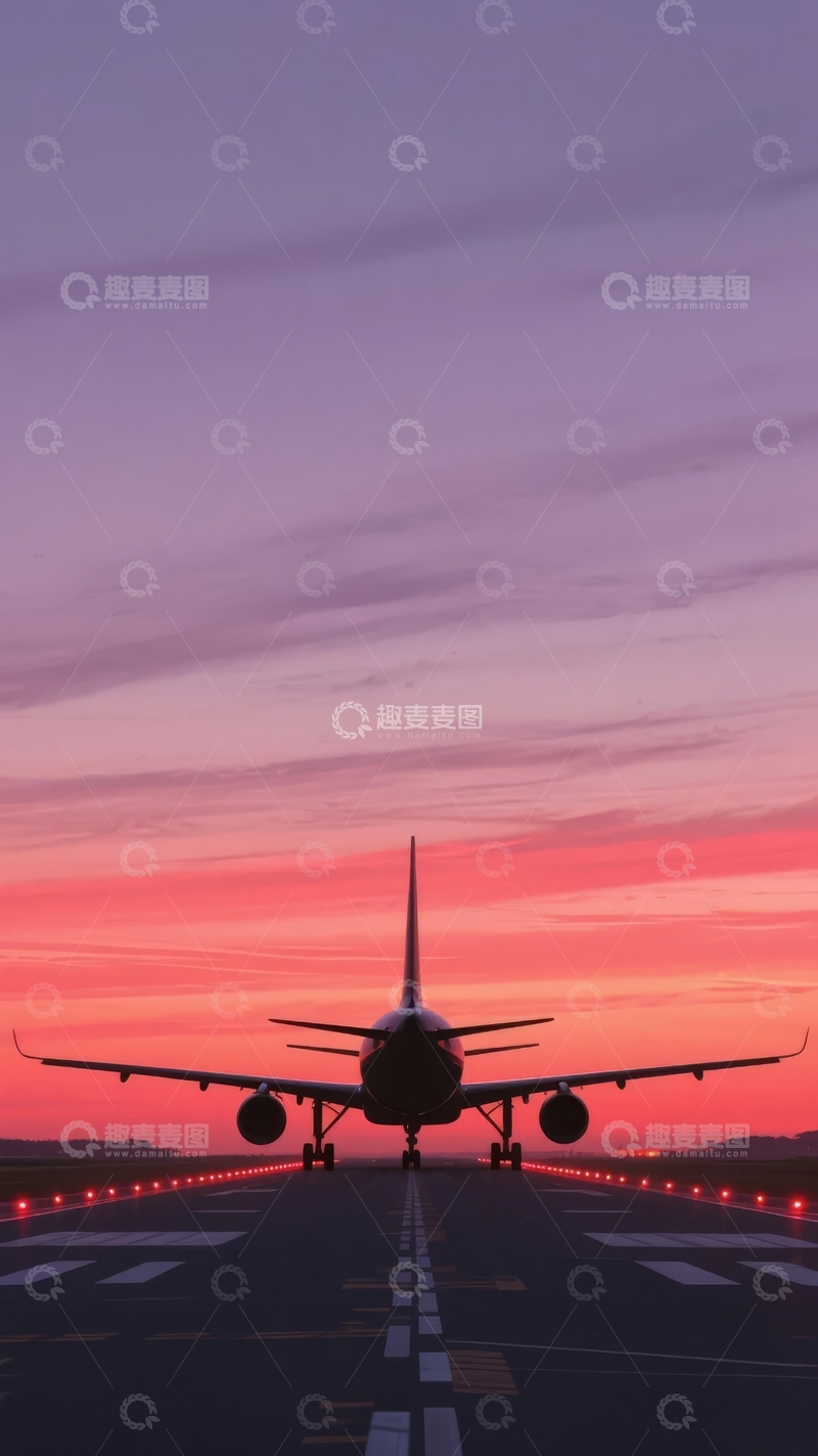 高清大图下载【趣麦麦图】-飞机在日落时分的跑道上准备起飞