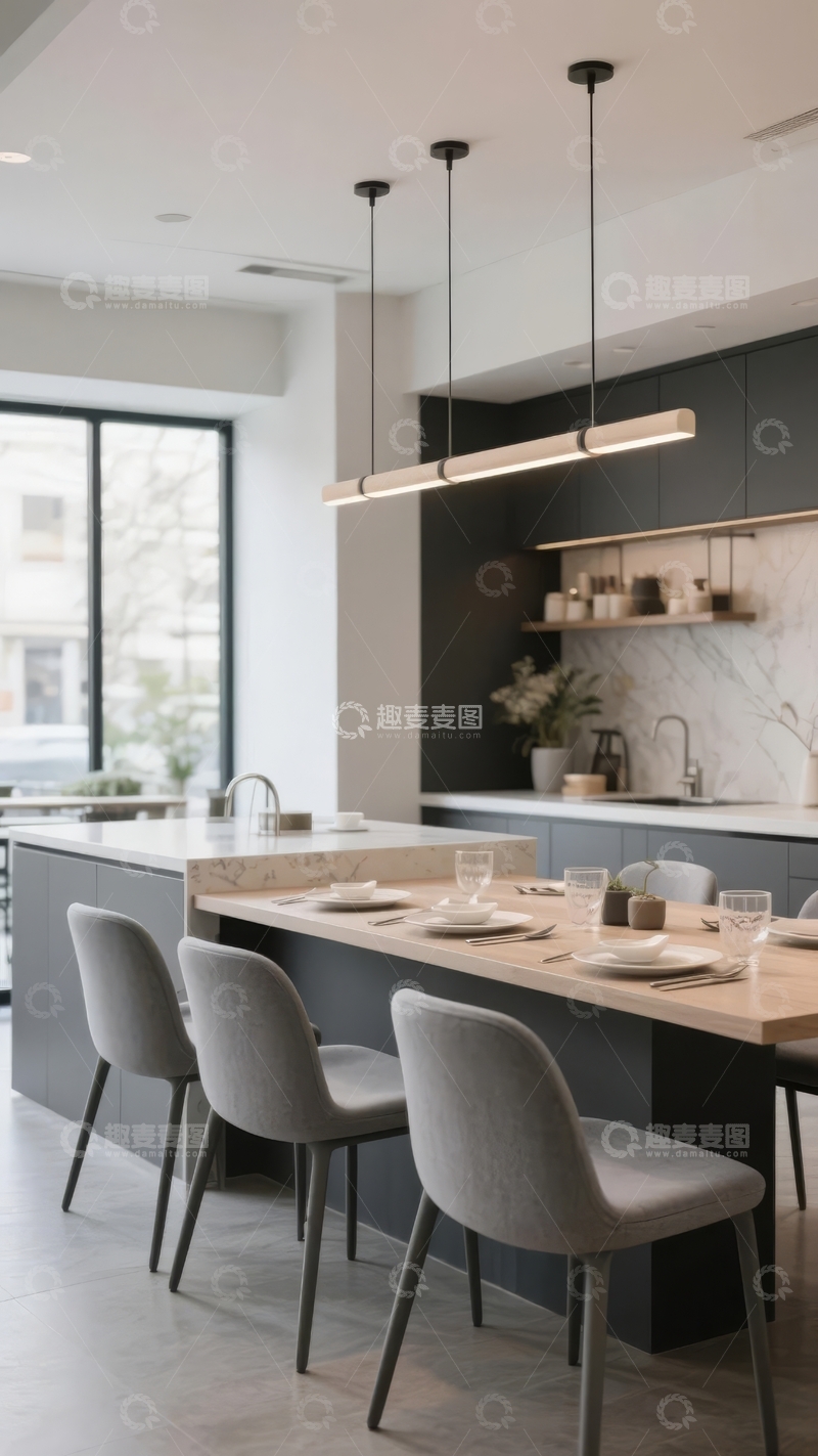 高清大图下载【趣麦麦图】现代简约风格厨房与餐厅一体化设计