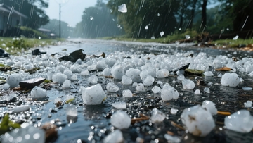 冰雹覆盖路面雨滴飞溅的场景