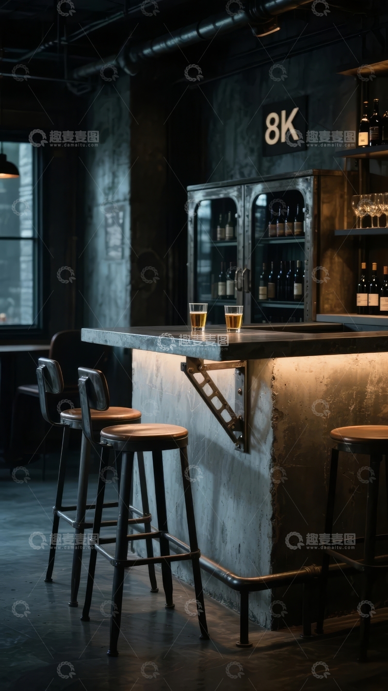 高清大图下载【趣麦麦图】昏暗工业风酒吧吧台配高脚凳