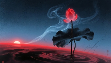 日落荷塘中绽放的红色莲花与涟漪