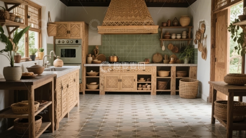 高清大图下载【趣麦麦图】木质橱柜与陶器装饰的复古风格厨房