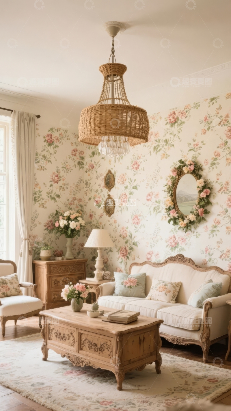 高清大图下载【趣麦麦图】典雅复古风格客厅装饰以花卉壁纸和编织吊灯