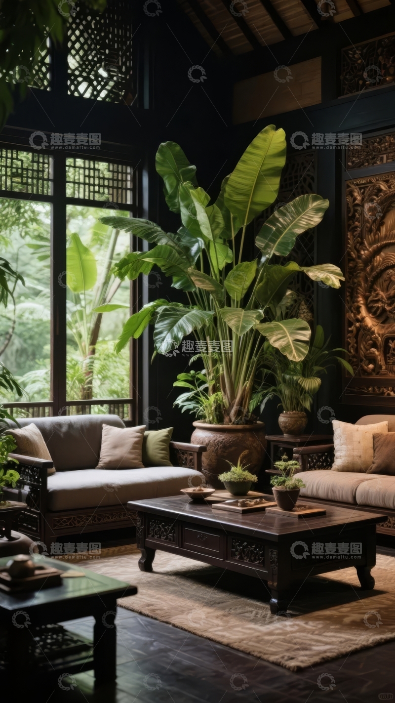 高清大图下载【趣麦麦图】东南亚风格室内空间绿植环绕温馨舒适