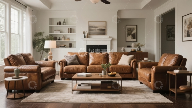 高清大图下载【趣麦麦图】现代客厅布置温馨舒适配有皮质沙发和装饰品