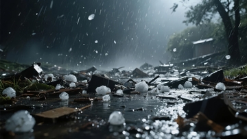 冰雹天气中地面上散落的冰雹颗粒