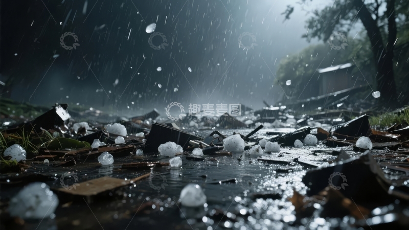 高清大图下载【趣麦麦图】冰雹天气中地面上散落的冰雹颗粒