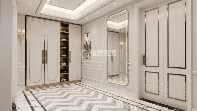 高清大图下载【趣麦麦图】现代豪华室内设计走廊配有衣柜和装饰画