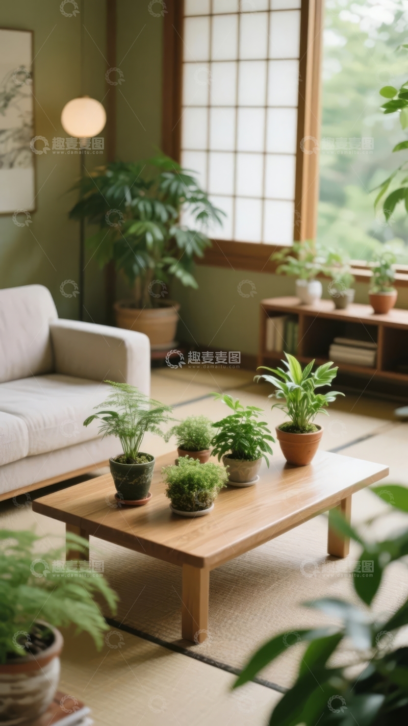 高清大图下载【趣麦麦图】日式风格客厅摆放多盆绿植营造宁静氛围