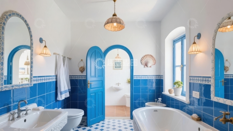 高清大图下载【趣麦麦图】蓝色瓷砖装饰的优雅浴室内部设计