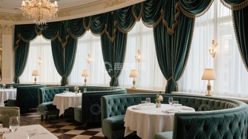 高清大图下载【趣麦麦图】豪华餐厅内景装饰典雅桌椅整齐摆放
