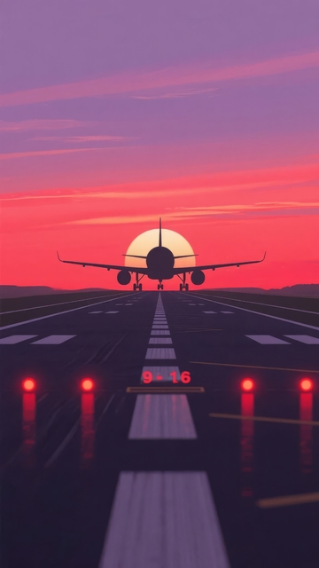 飞机在跑道上准备起飞紫色天空下的景象