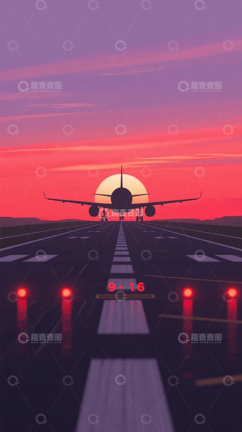高清大图下载【趣麦麦图】飞机在跑道上准备起飞紫色天空下的景象