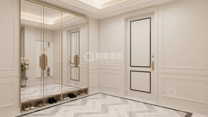 高清大图下载【趣麦麦图】现代简约风格的白色门厅配有镜面装饰和大理石地板