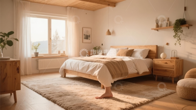 高清大图下载【趣麦麦图】温馨木质卧室晨光透过窗户洒在床边