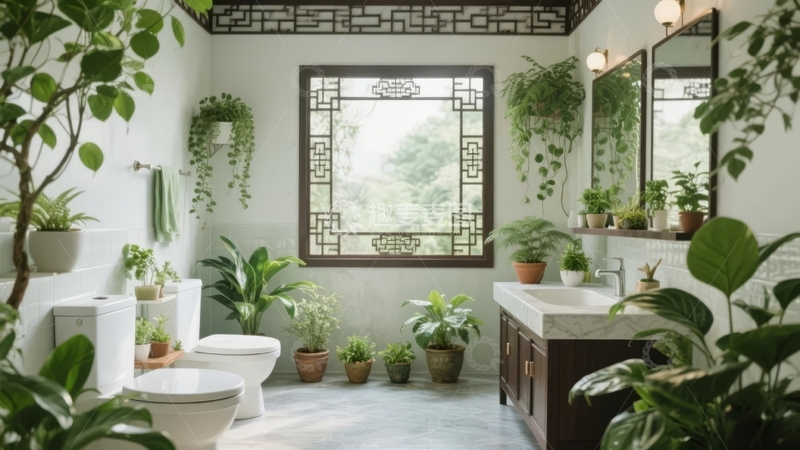 高清大图下载【趣麦麦图】装饰有绿植的中式风格浴室