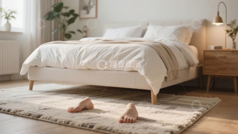 高清大图下载【趣麦麦图】卧室床边地毯上露出双脚的宁静场景