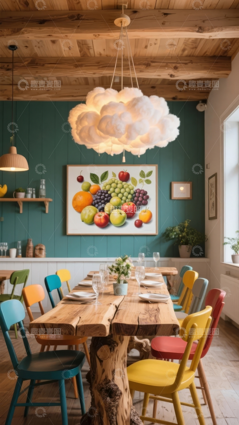 高清大图下载【趣麦麦图】色彩斑斓的餐厅内景装饰有水果画和云朵吊灯