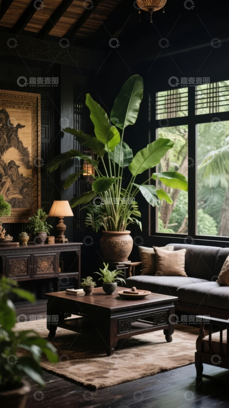 高清大图下载【趣麦麦图】深色木质结构的室内空间摆放着大型绿植和古典装饰品