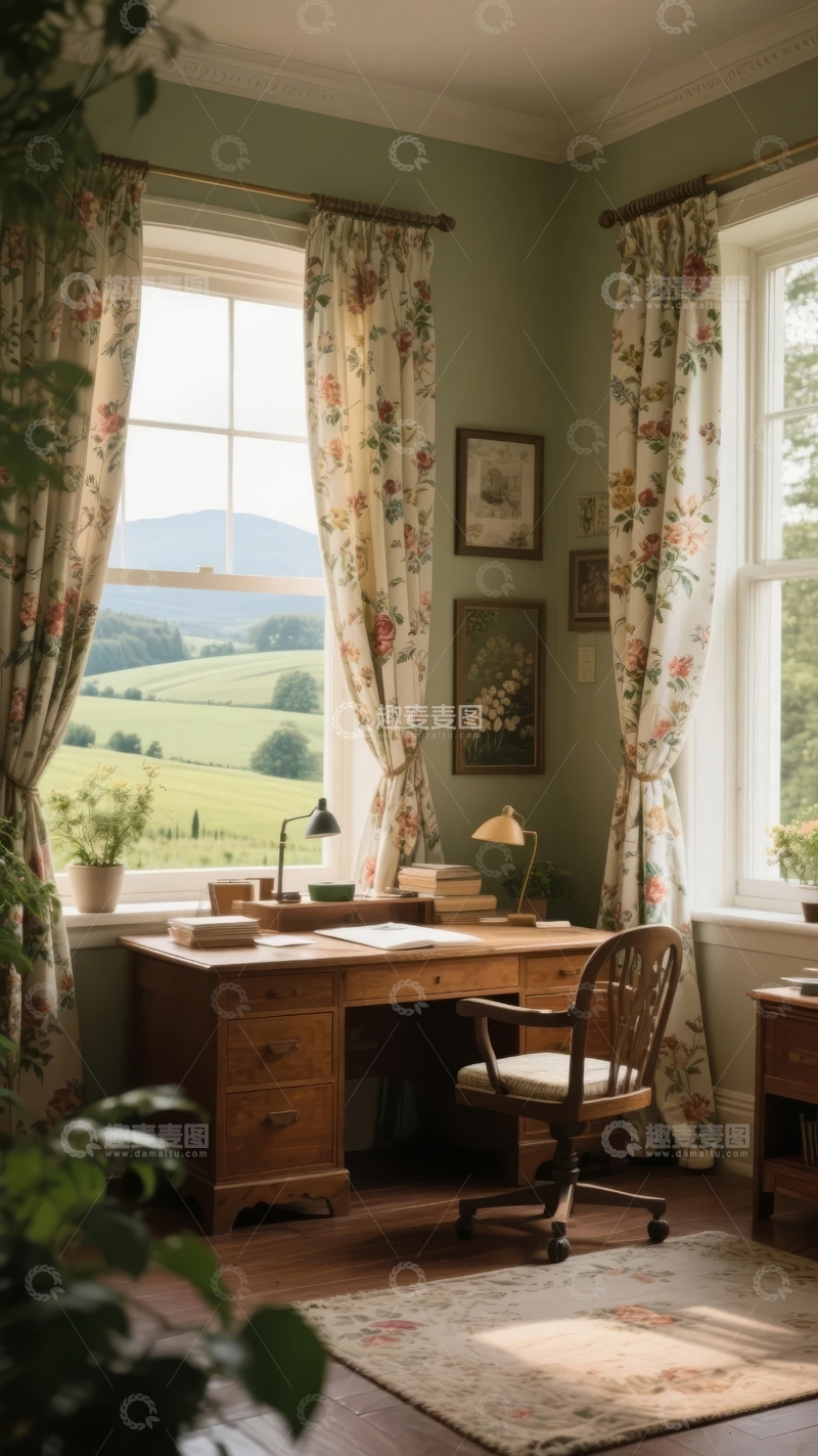 高清大图下载【趣麦麦图】典雅书房内景窗外绿意盎然山景