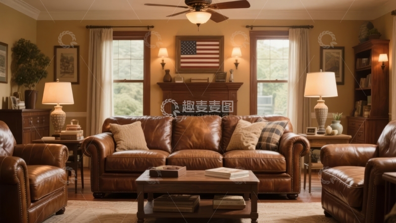 高清大图下载【趣麦麦图】温馨复古风格客厅摆放着皮质沙发和美国国旗装饰