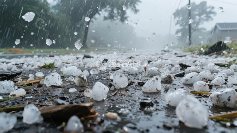 高清大图下载【趣麦麦图】冰雹覆盖的街道地面雨滴飞溅