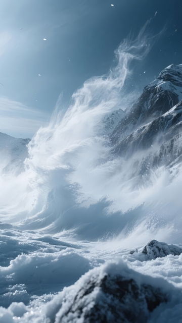 雪山顶峰暴风雪翻滚云雾缭绕壮丽景象