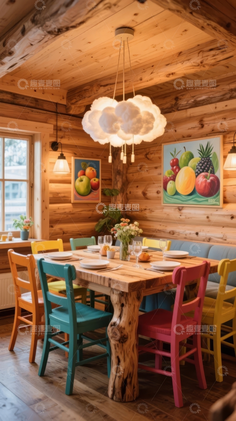 高清大图下载【趣麦麦图】木质餐厅内色彩鲜艳的餐桌与水果装饰画