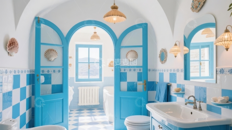 高清大图下载【趣麦麦图】蓝色拱门与瓷砖装饰的优雅浴室设计