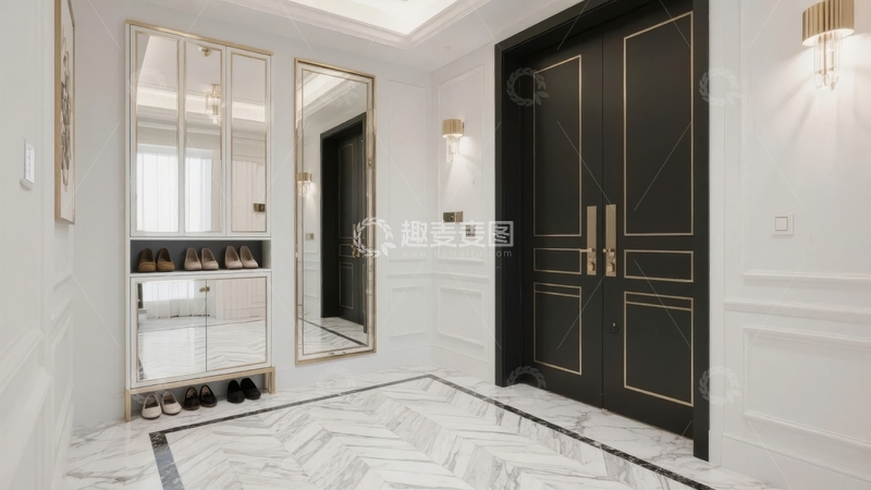 高清大图下载【趣麦麦图】现代奢华风格的入口走廊配有黑色双开门和镜面鞋柜