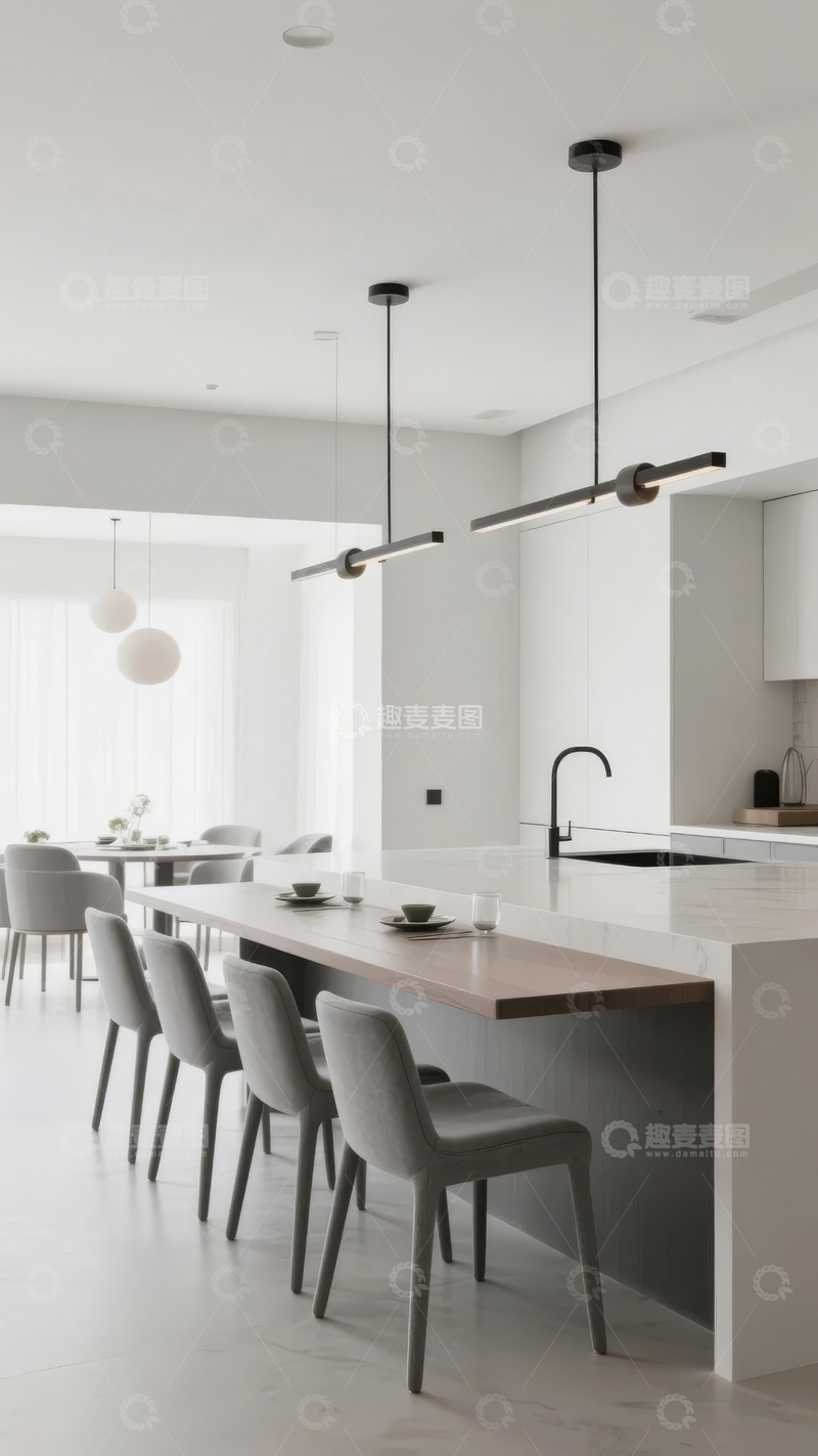 高清大图下载【趣麦麦图】现代简约风格厨房与餐厅一体化设计